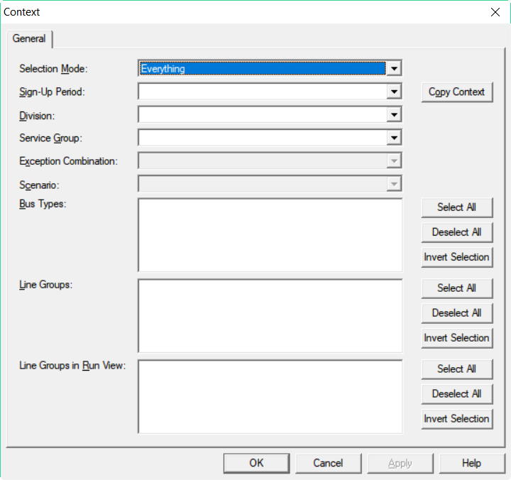 Context dialog for the Graphical Runcutting screen