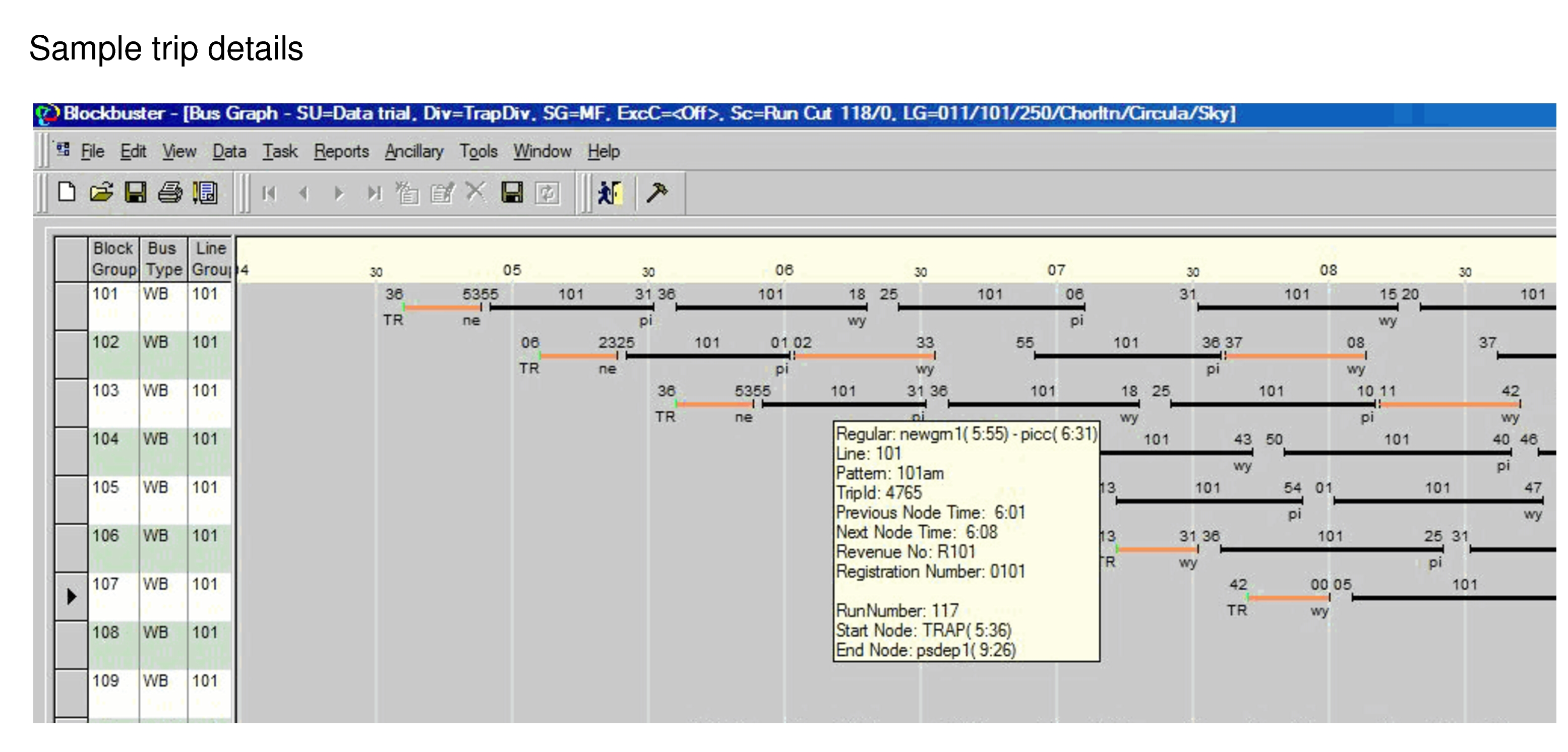 Sample trip details in Bus Graph screen