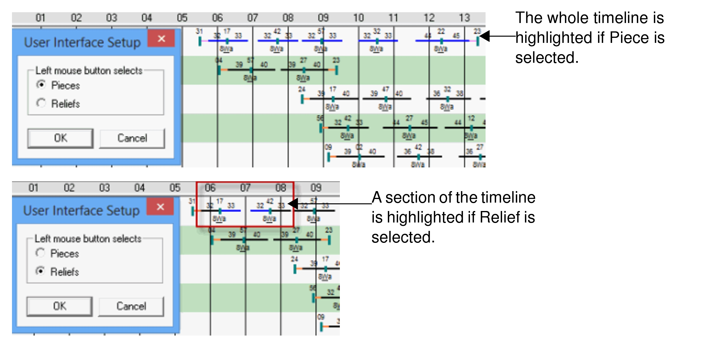 Sample graphic shows difference between piece and relief options