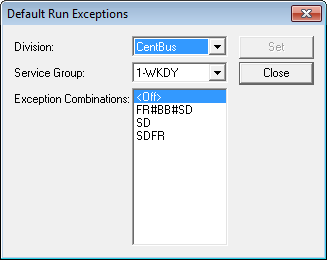 Default Run Exceptions dialog