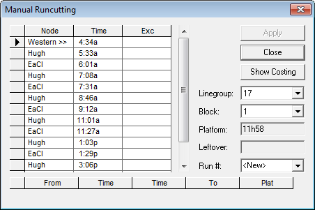 Manual Runcutting dialog
