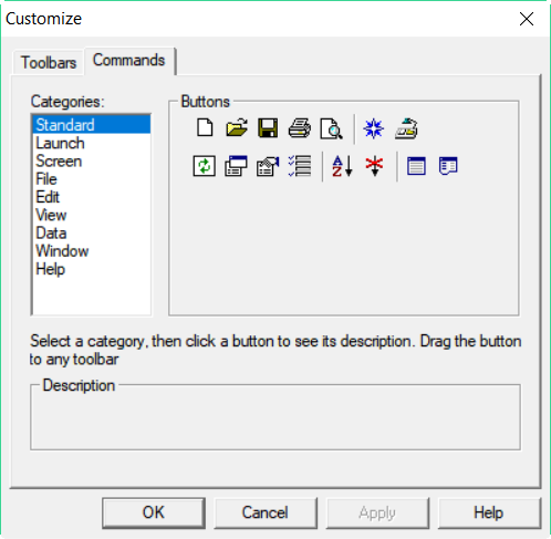 Commands tab in the Customize dialog
