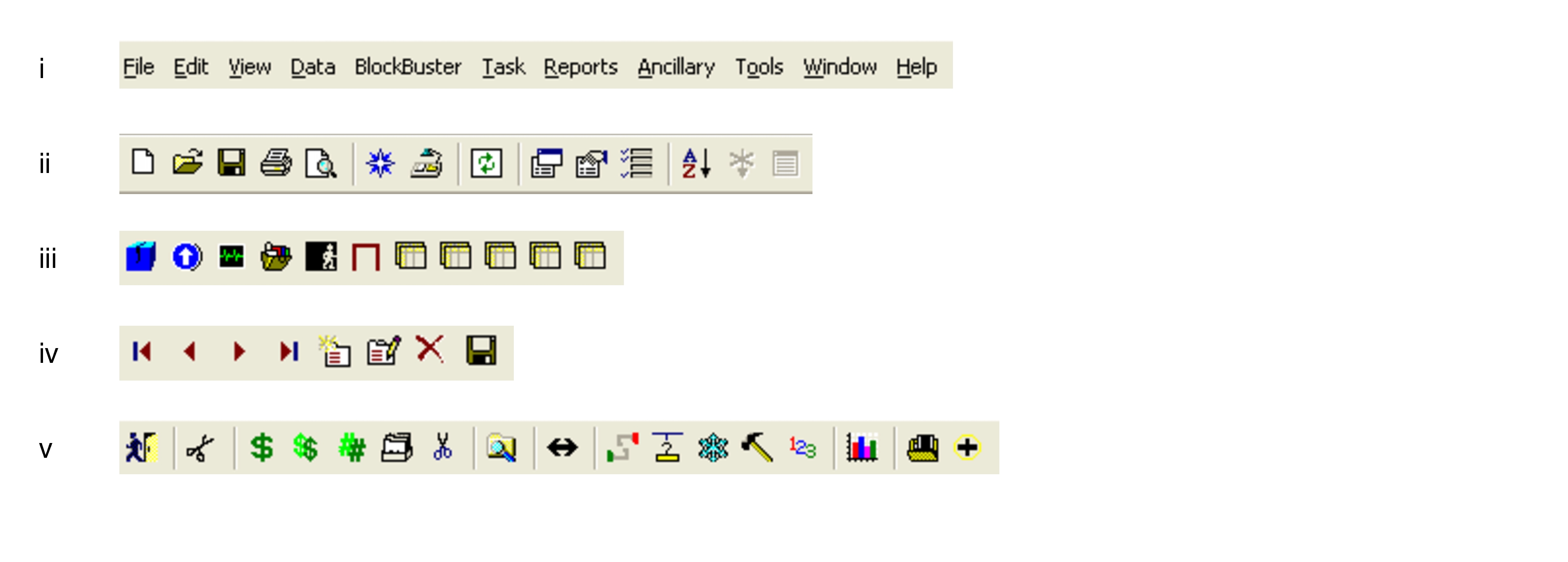 Sample images of the different toolbars