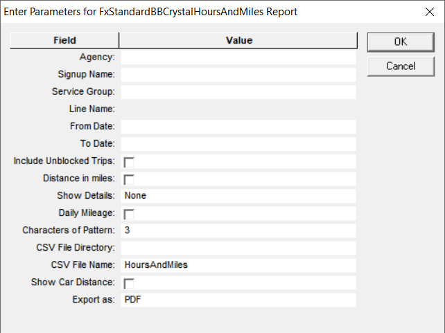 BlockBuster Hours and Miles report parameters