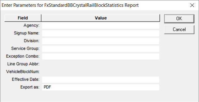 BlockBustr Rail Block Statistics report parameters