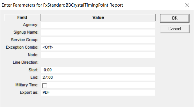 BlockBuster Timing Point report parameters