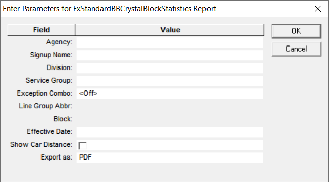 BlockBuster Block Statistics report parameters