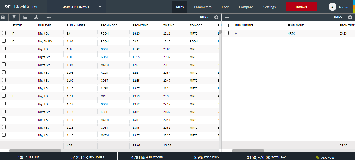 Sample view of the Runs screen