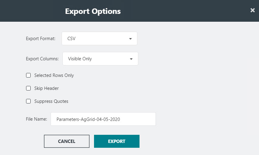 Export Options dialog box for Parameters