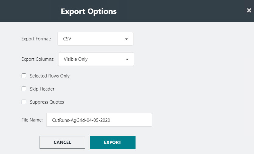 Export Options dialog box for Runs data