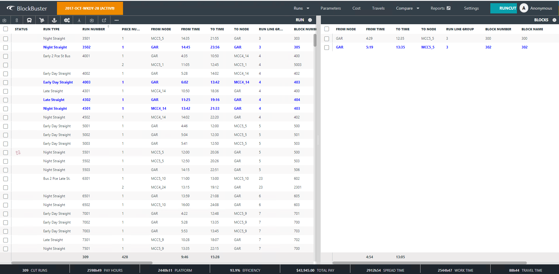 Sample Runs screen with Cut and Uncut pieces