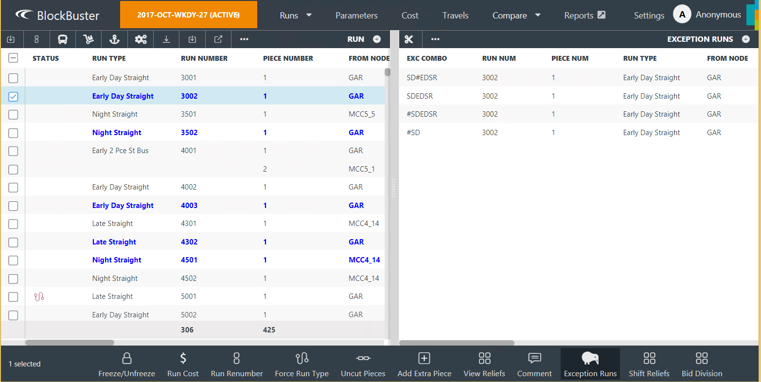 Runs screen with sample exceptions