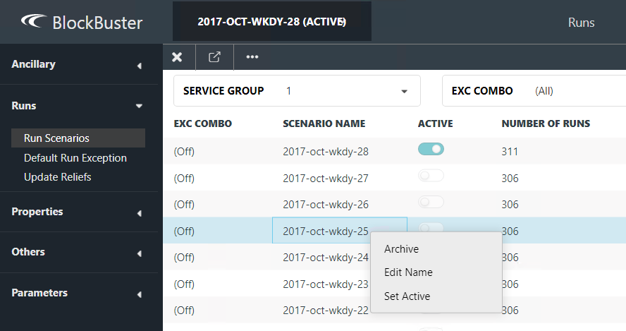 Shortcut menu for the Run Scenarios screen