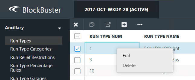 Shortcut menu in the Run Types screen