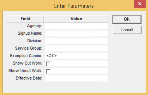 Graphical Run Cut Analysis report parameters
