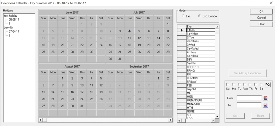 Exceptions calendar dialog with sample data