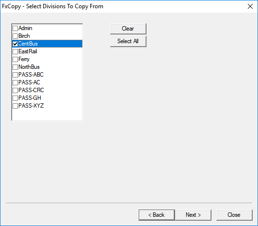 Select Divisions to Copy From view