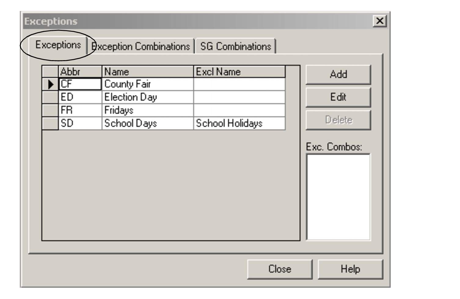 Exceptions tab of the Exceptions dialog box
