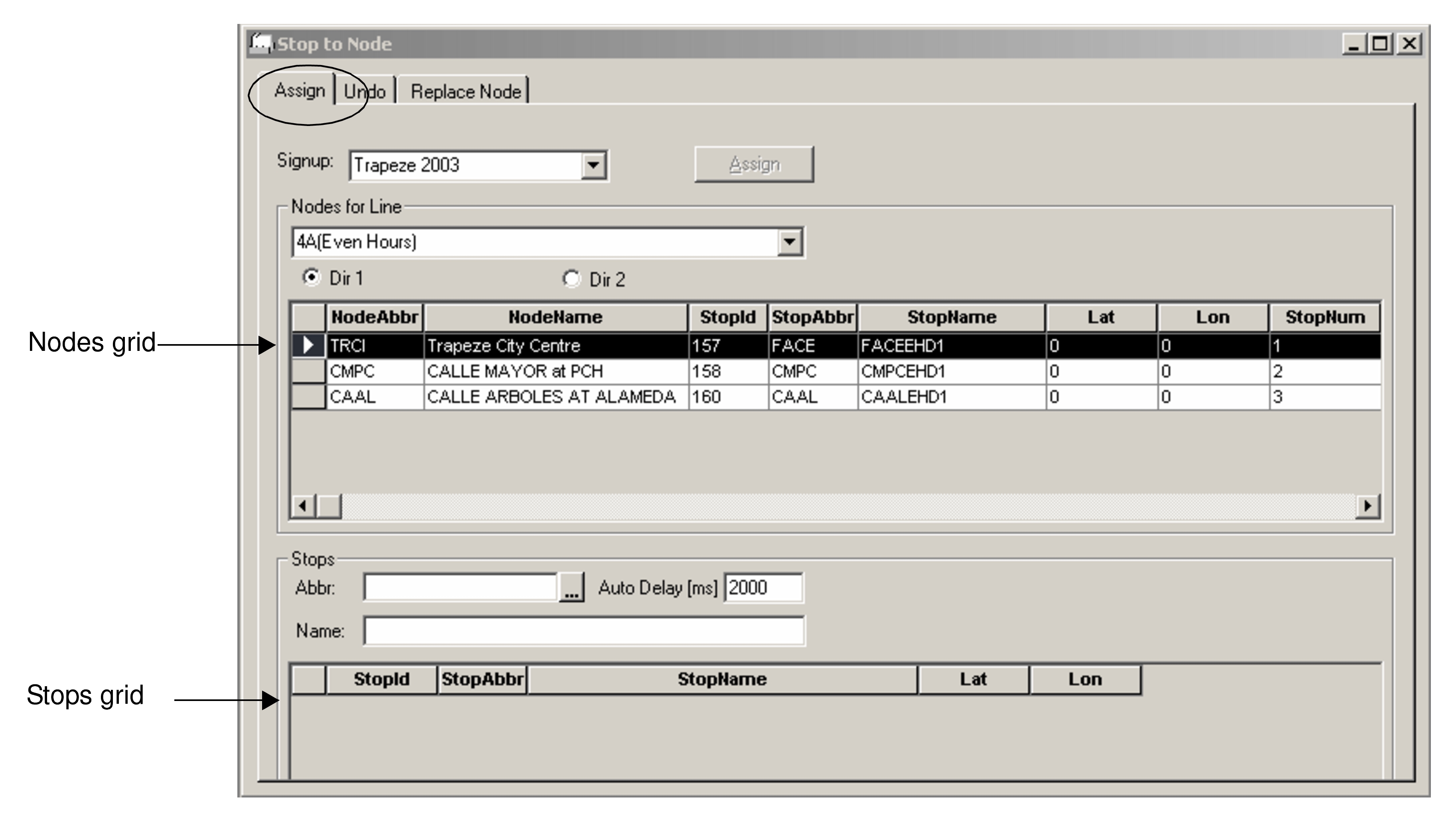 Stop to Node dialog box