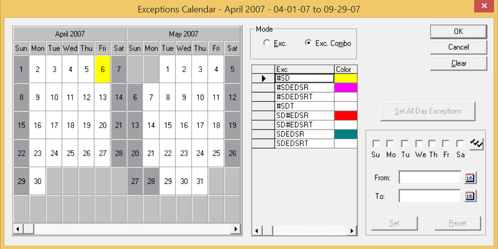 Sample Exceptions Calendar