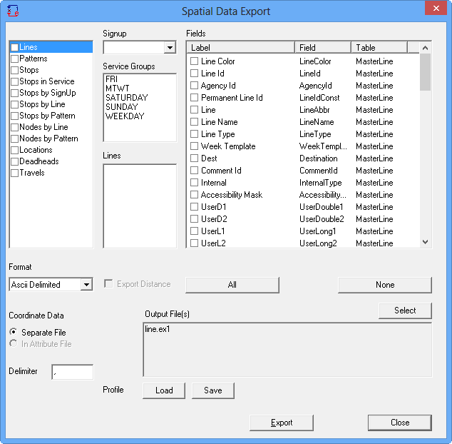 Spatial Data Export dialog box