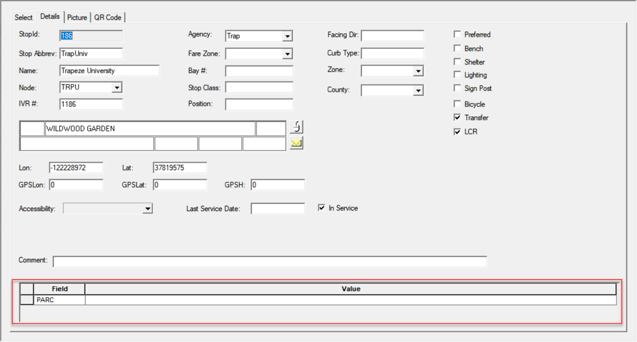 Sample supplementary data in the Bus Stops screen