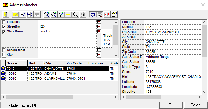 The Address Matcher dialog box after searching for 123 Tracker. It has found 123 Tracy Academy St as a possible match.