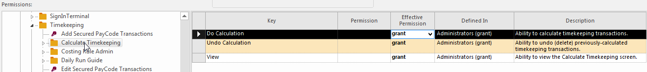 The Calculate Timekeeping folder selected with the Do Calculation permission key highlighted and the Effective Permission of grant shown.