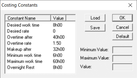 Costing Constants dialog box