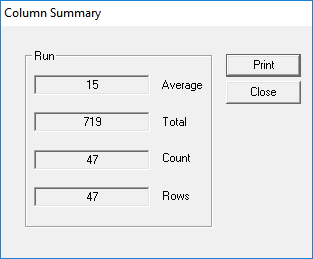 Column Summary dialog box with sample data from the Run column
