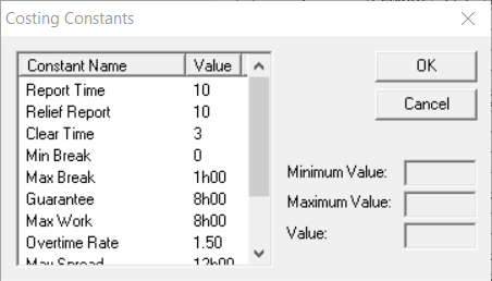 Costing Constants dialog box