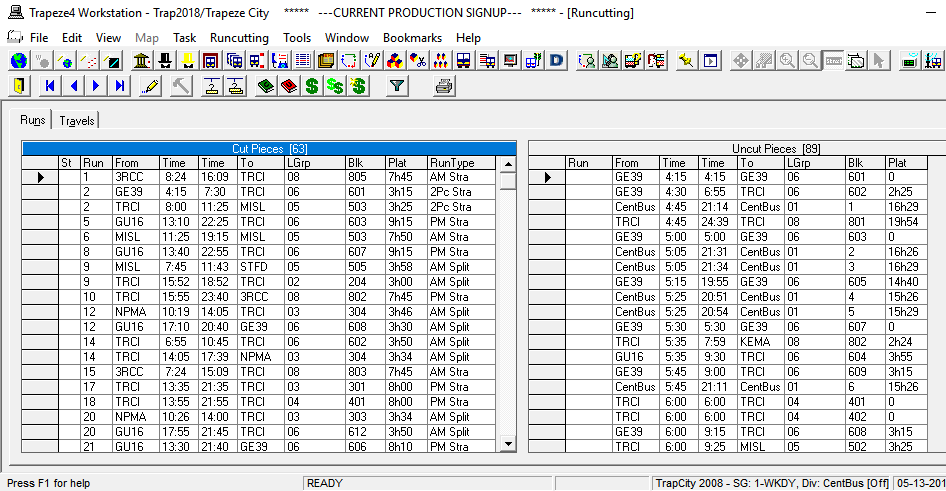 Runcutting Screen with sample data