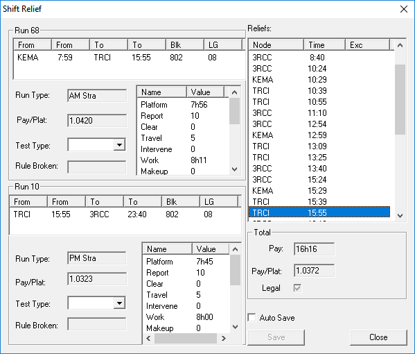 Shift Relief dialog box