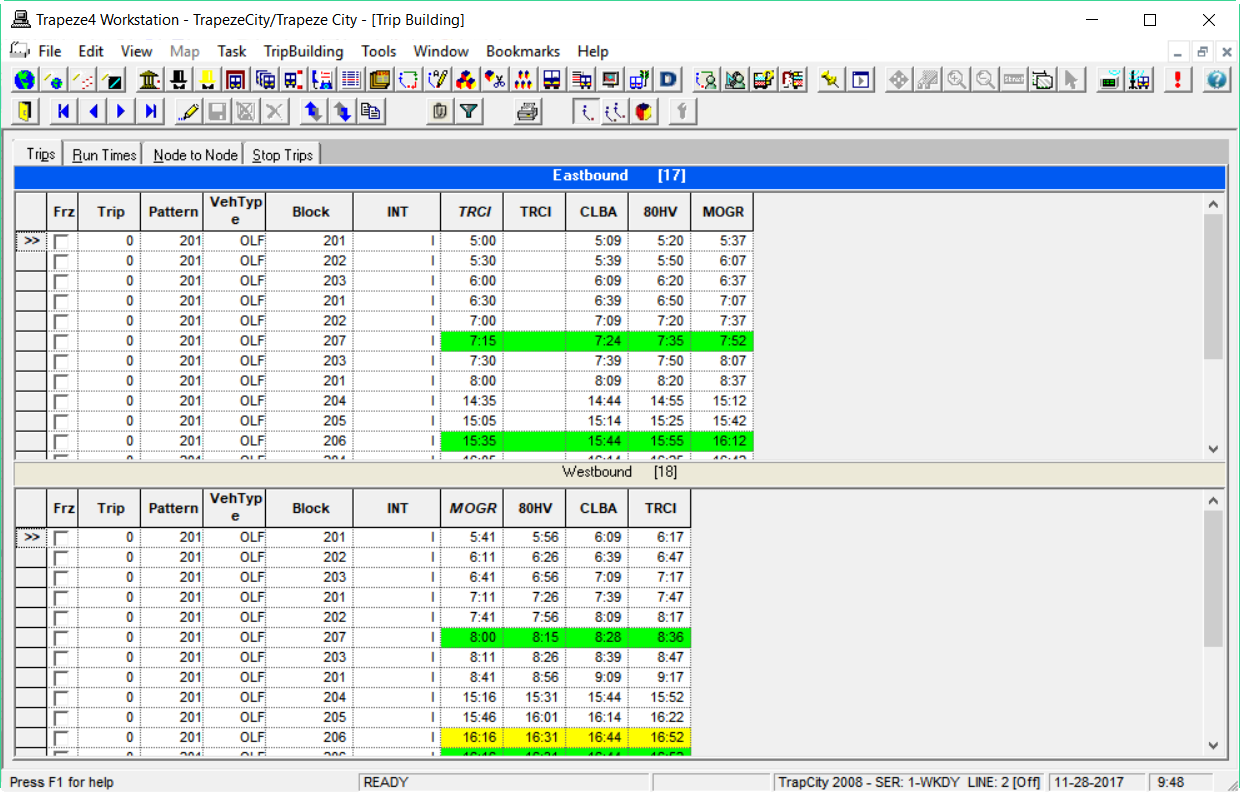 Trip Building screen with sample data