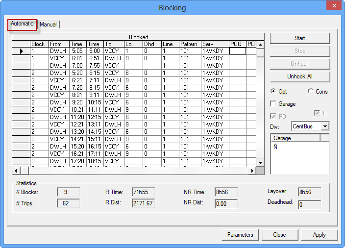 Blocking dialog box with the Automatic tab open