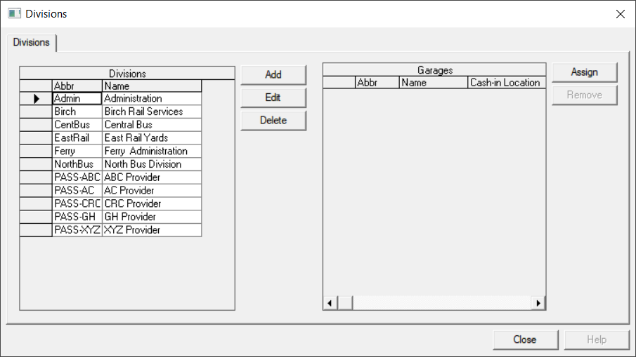 Divisions ancillary data screen