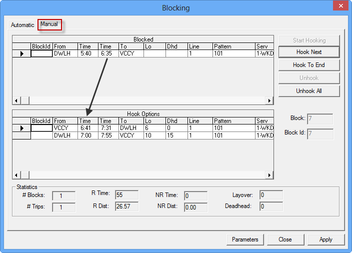 Blocking dialog box with the Manual tab open