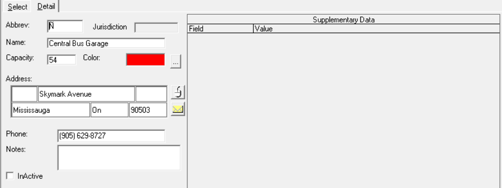 Sample garage supplementary data fields on Detail tab