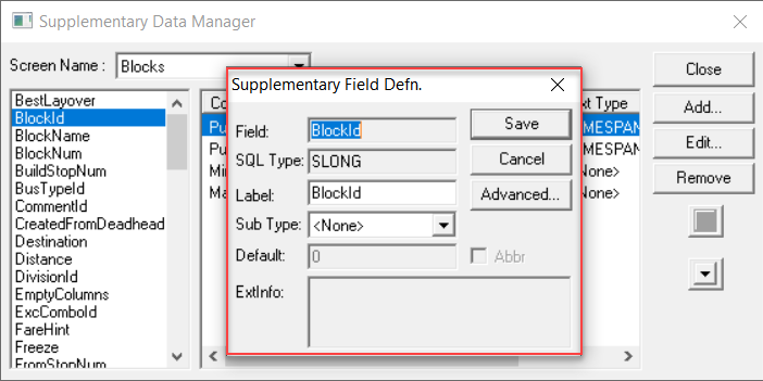 Supplementary Field Defn. dialog box