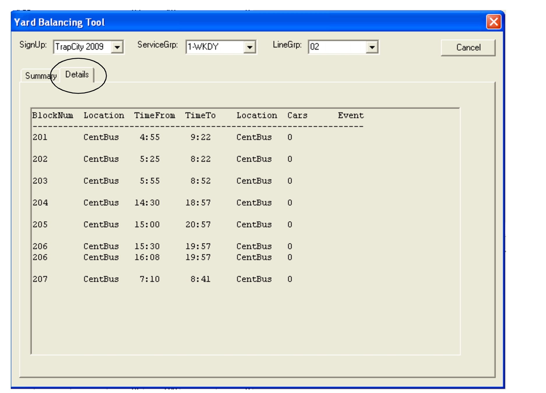 Yard Balancing Tool dialog box with the Details tab open