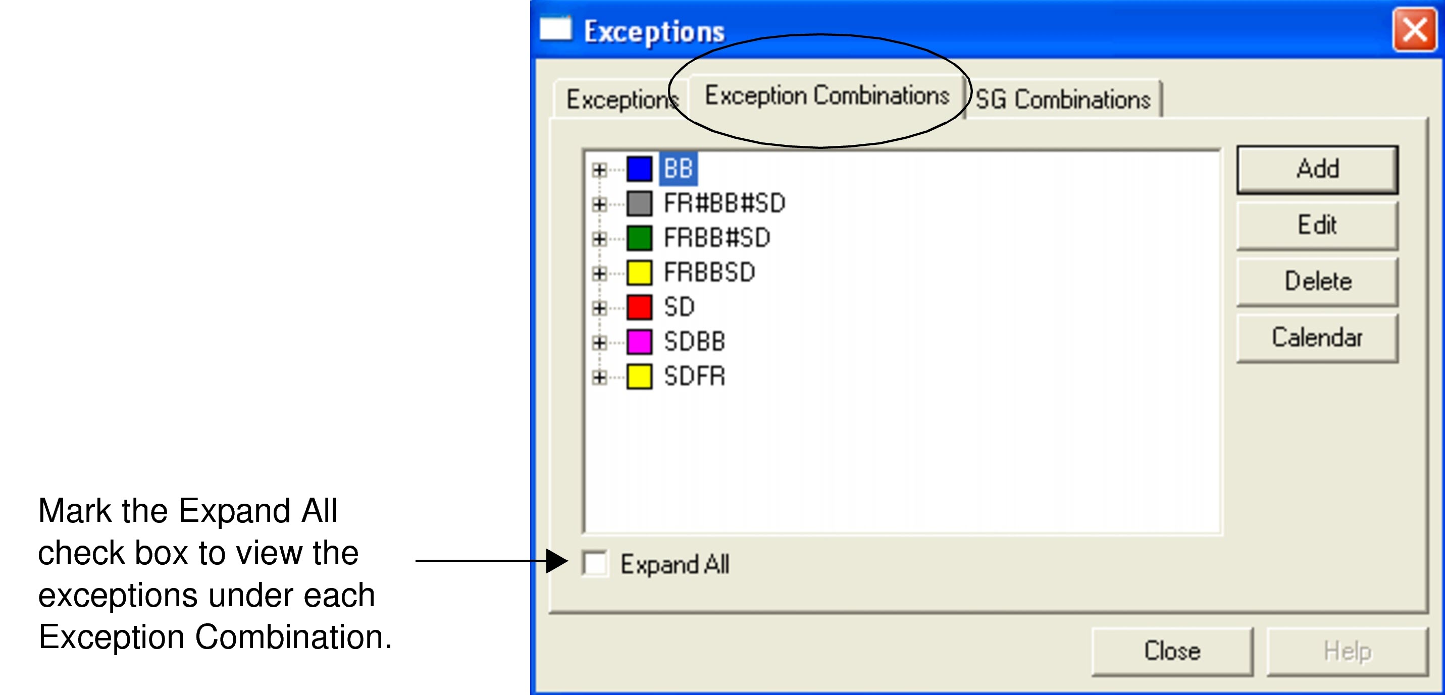 Exceptions dialog