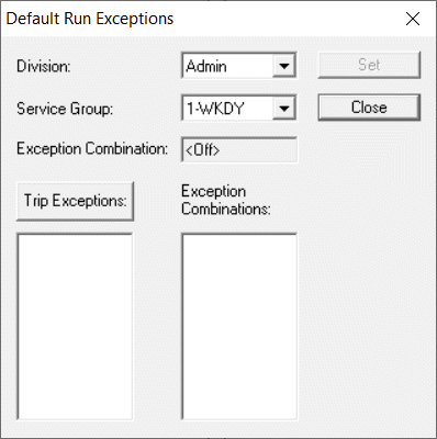 Default Run Exceptions dialog