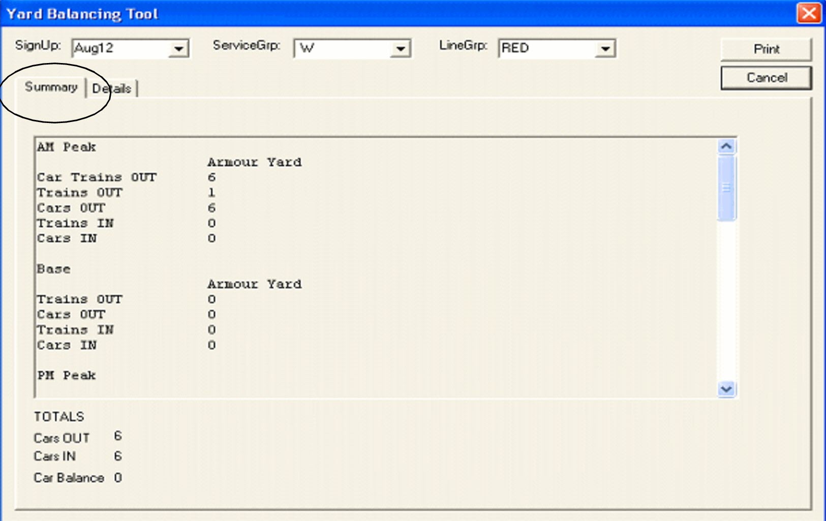 Yard Balancing Tool dialog with the Summary tab open