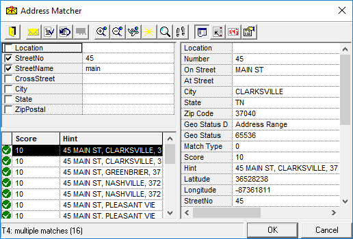 Address Matcher with the Show Details option selected. Details for 45 Main St, Clarksville are visible in the right-hand pane.