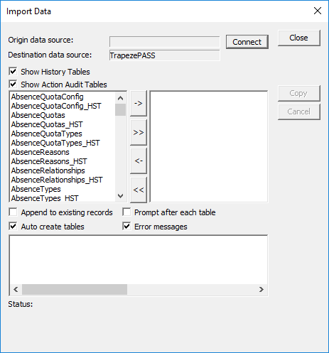The Import Data dialog showing a list of tables from which data can be retrieved.