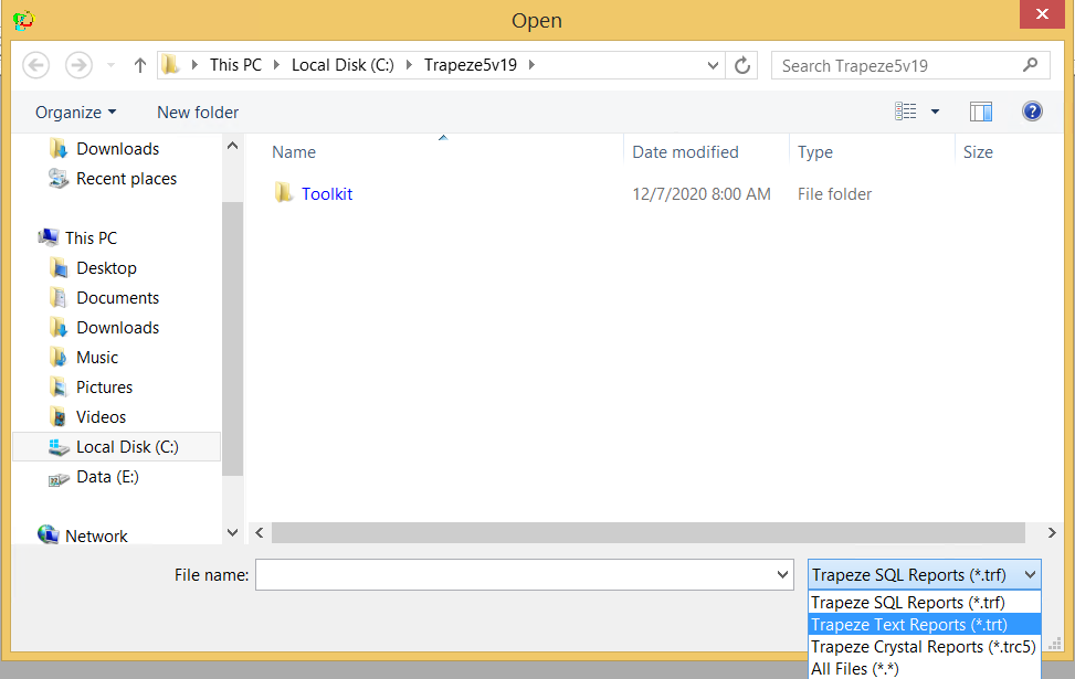 Open dialog box showing file types list