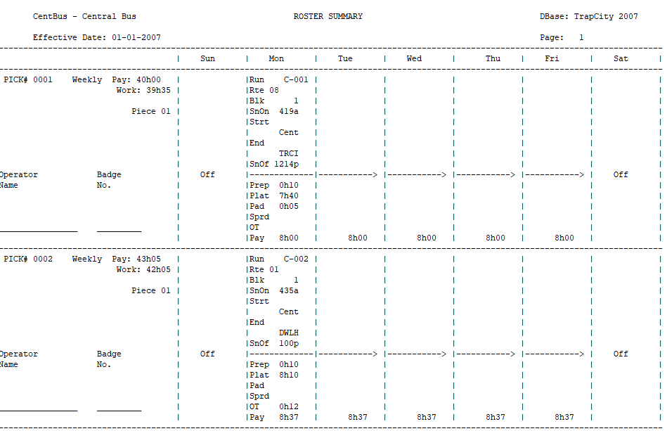 Sample Roster report