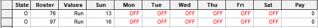 Rostering grid with sample rosters with Off days
