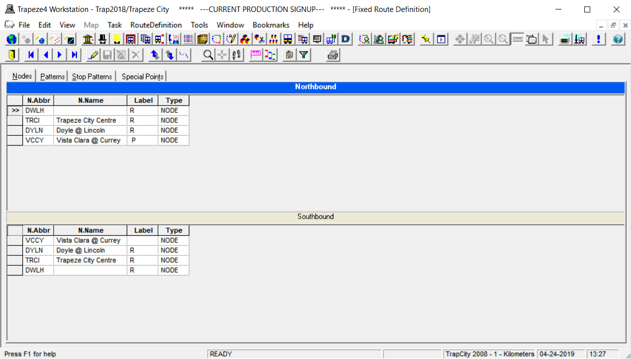 Route Definition screen