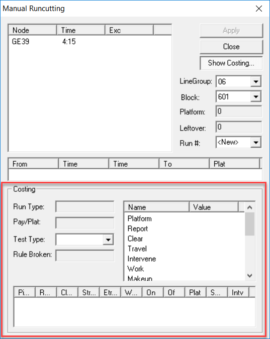 Show Costing in the Manual Runcutting dialog box